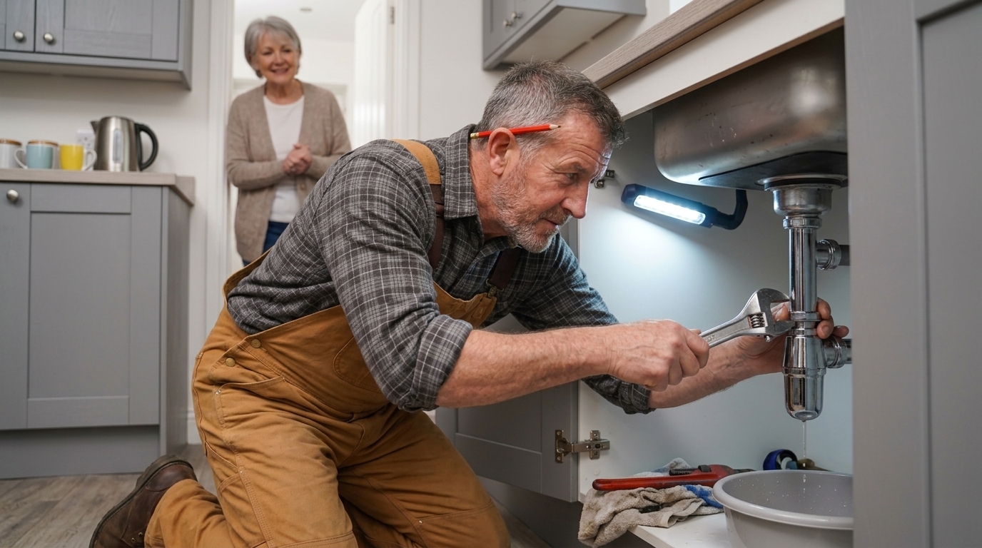 Harry Handyman crew member repairing a kitchen sink in a rented property